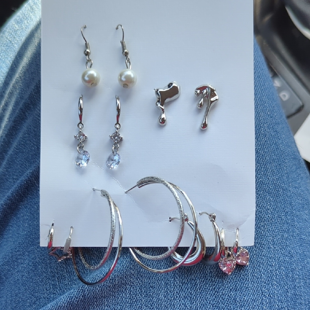 Set Of 7 Pairs Of Silver Tone Earrings